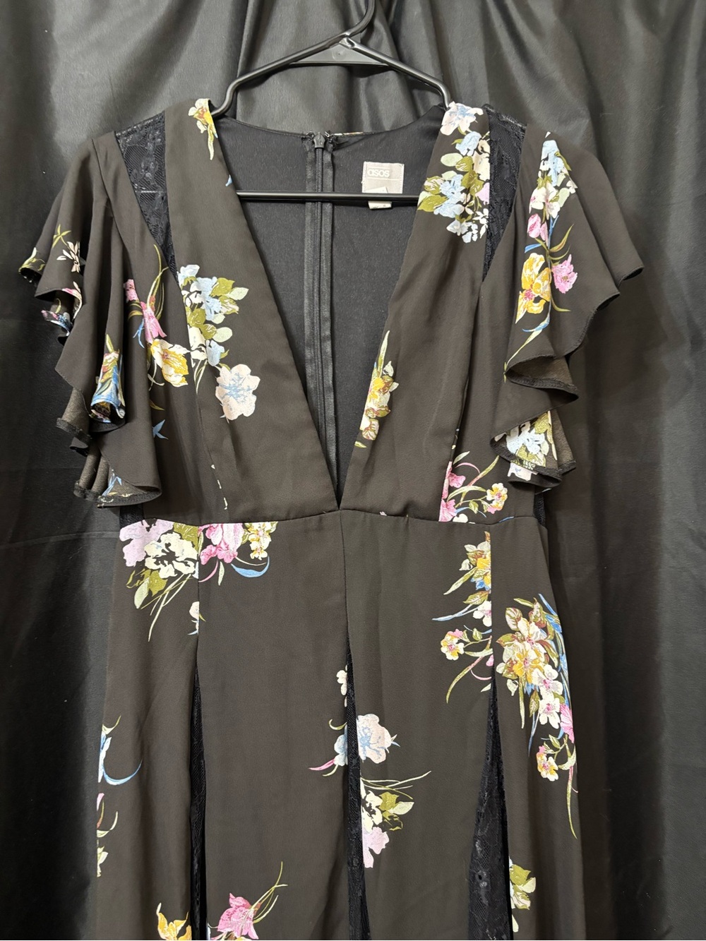 ASOS Black Floral Deep-V Flutter Sleeve Dress